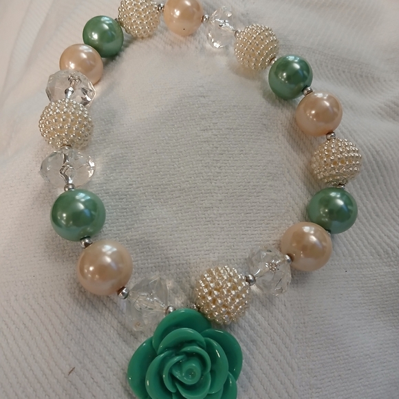 Green and Pearl Beaded Necklace with Green Rose Charm. - Picture 2 of 7